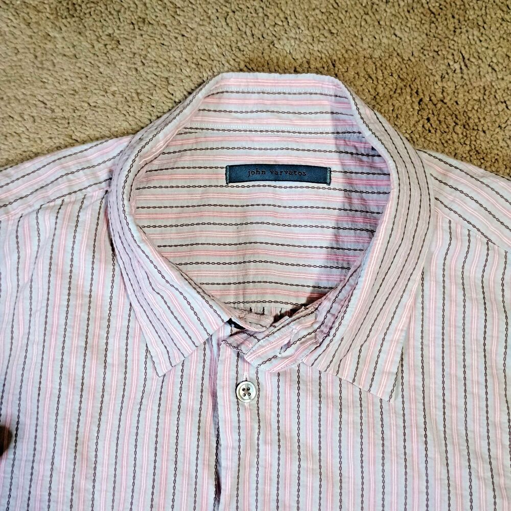 John Varvatos Button Down Shirt Mens XL Striped Pink Grey Long Sleeve Casual